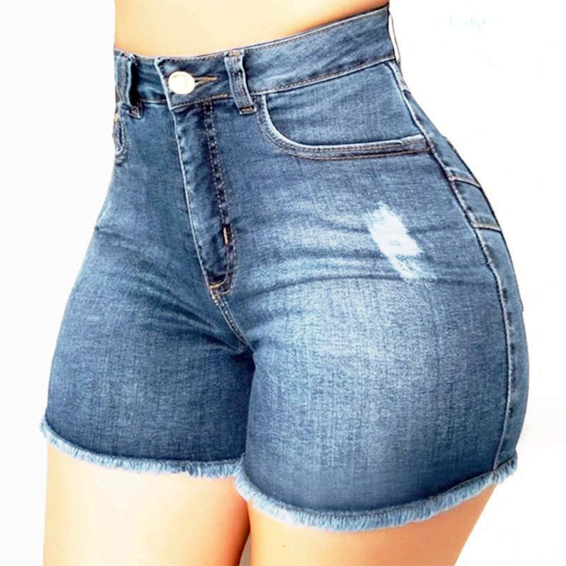 High Waist Distressed Raw Hem Skinny Denim Shorts (4 colors)