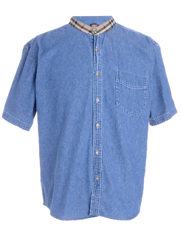 Label Grandad Collar Check Trim Denim Shirt