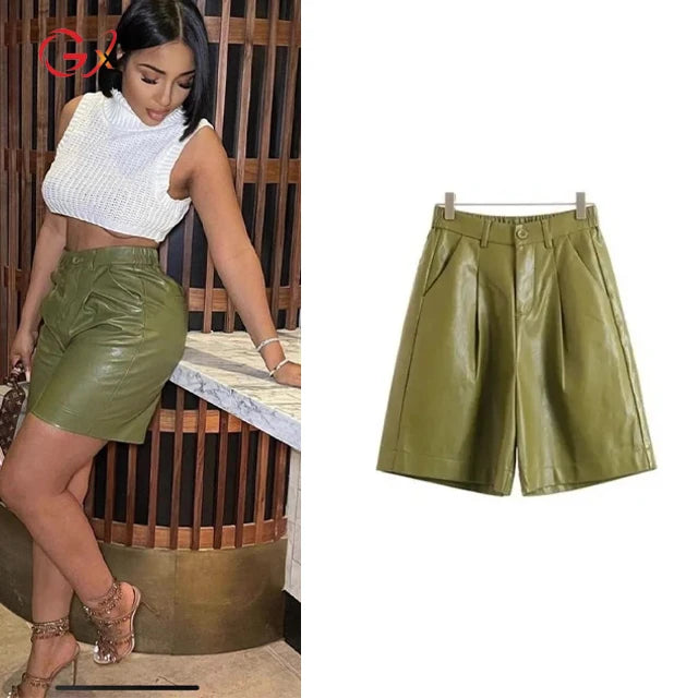 Wide Leg Elastic High Waist PU Leather Shorts (Green, Khaki, Black)